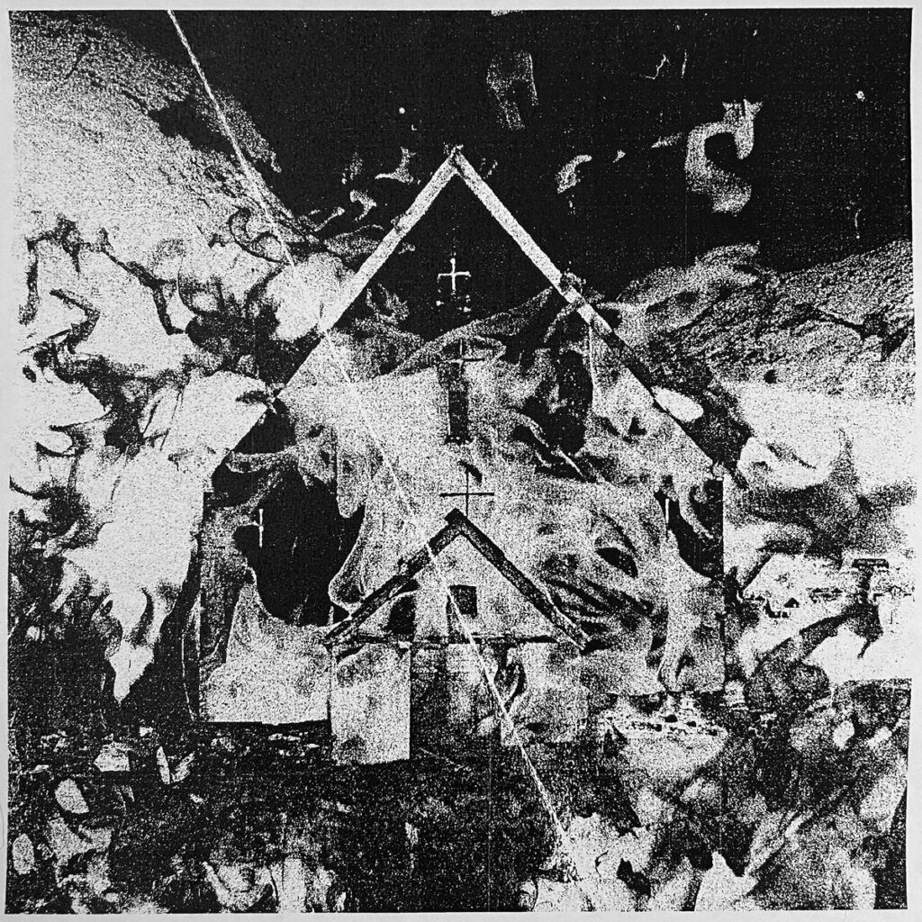 Cover for "His Happiness Shall Come First Even Though We Are Suffering" by Backxwash - A black and white image of a church being ripped apart and debris flying through the air