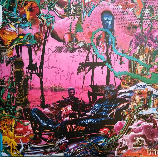 Album cover for "Hellfire" by Black Midi. Features an abstract collage of unrecognizable shapes and images over a pink background. The only intelligible figures on the cover are two men sitting down. 