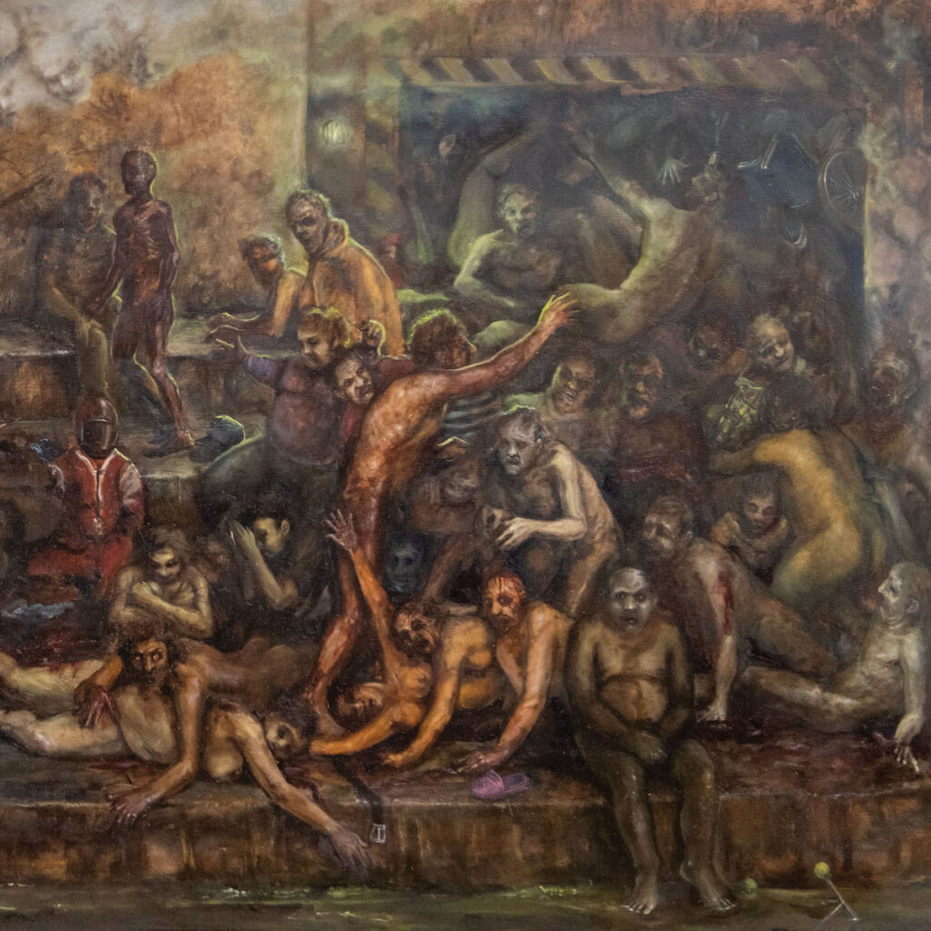 Cover for "Heaven Is Here" by Candy. Features a painting of a large crowded group of masked naked people on a dirty set of stairs. People are climbing over each other and everyone appears to be very grim. 