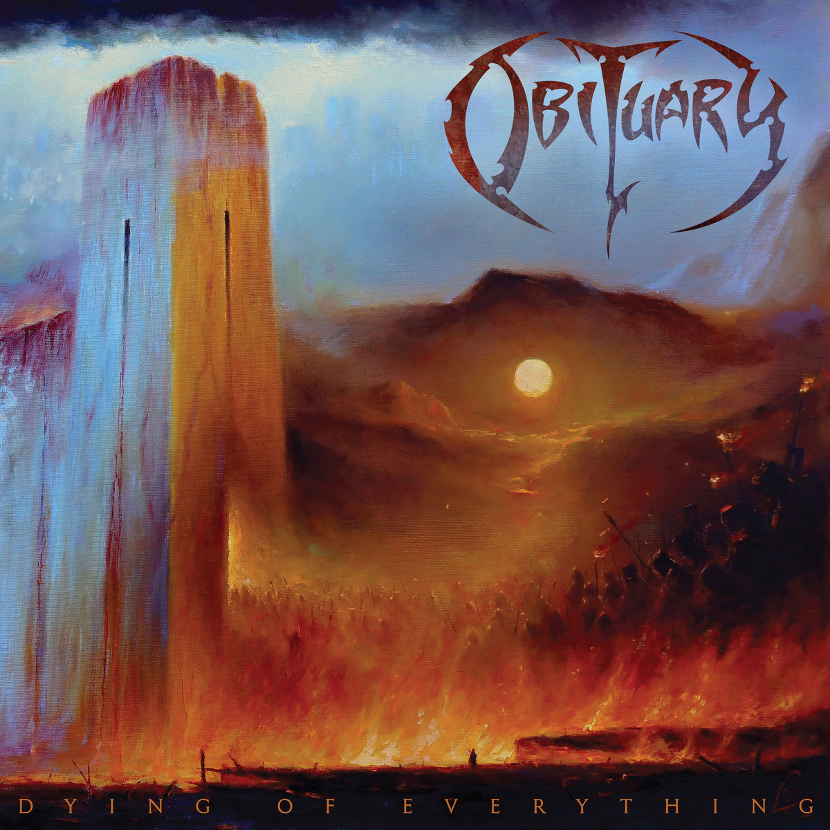 Cover art for Dying of Everything by Obituary. A painting of a tower on a sand dune.