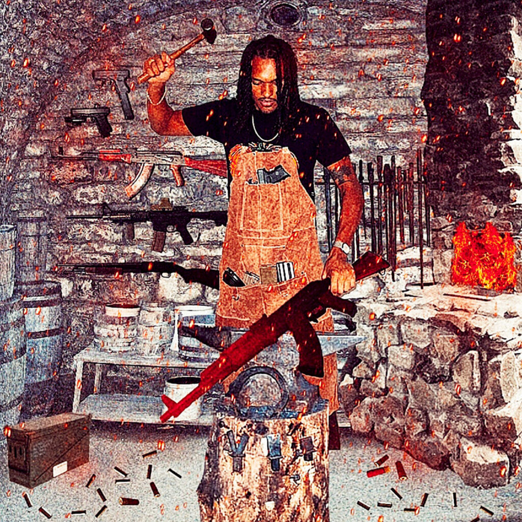 Album cover for "Gunsmith Tha Mixtape" by Hackle. Features Hackle standing in a forge with a hammer holding an assault rifle over an anvil. Behind him on the wall, are more guns, and on the ground there are bullets scattered all around. 