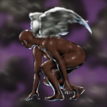 Naked man with wings. Jesus Piece's album art for An Offering to the Night.