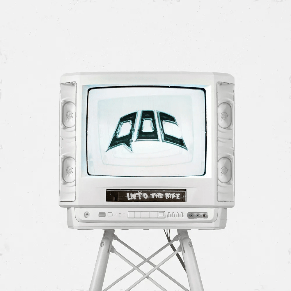 "Into the Rift" by Quarters of Change album art. Old TV with band's acronym logo.