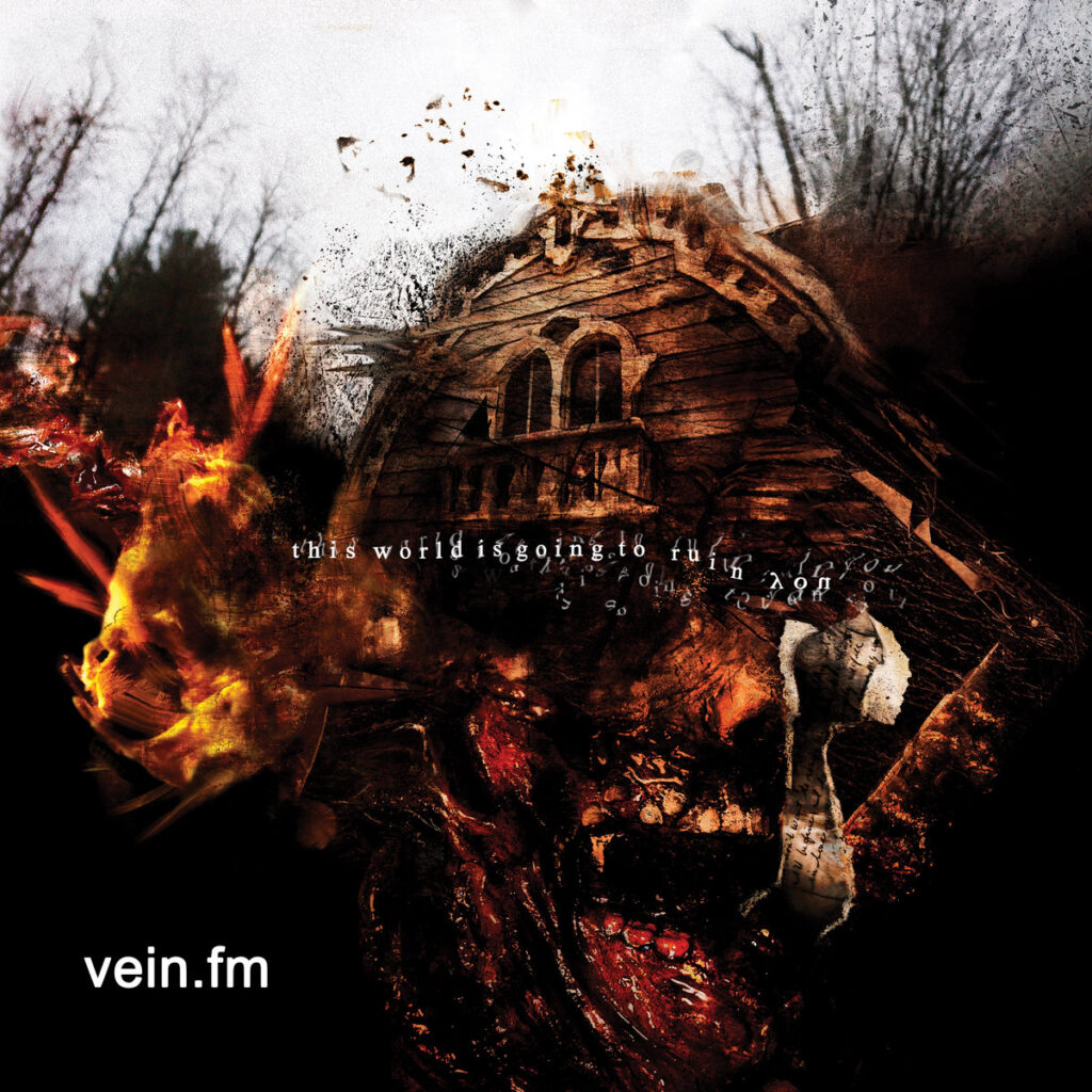 Cover for "This World Is Going To Ruin You" by Vein FM. It features a blurry picture of a decaying house and a skull in the woods. 