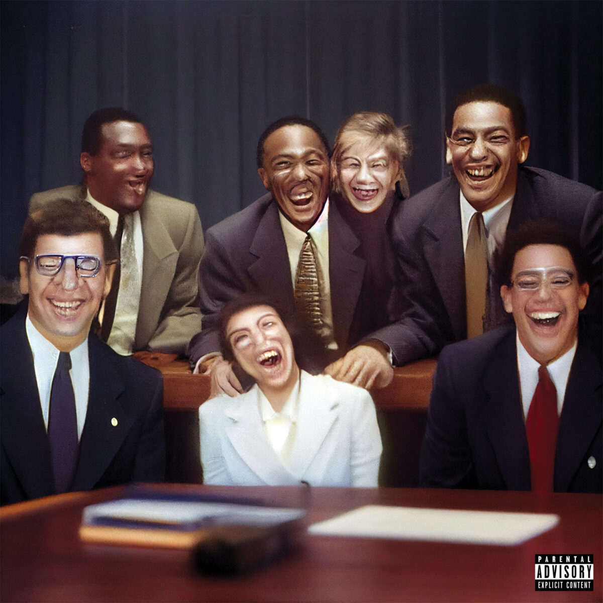 Album art for Let's Start Here by Lil Yachty. AI generated people at a table. Their faces are distorted.
