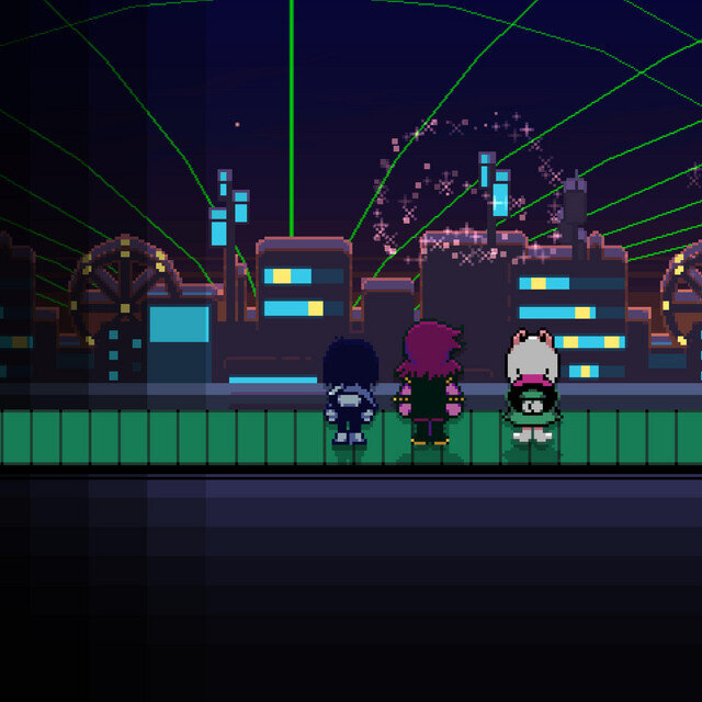 Cover for "Berdlycore Chapter 2" by Xaev. It features three characters from the video game Deltarune staring out into a city skyline