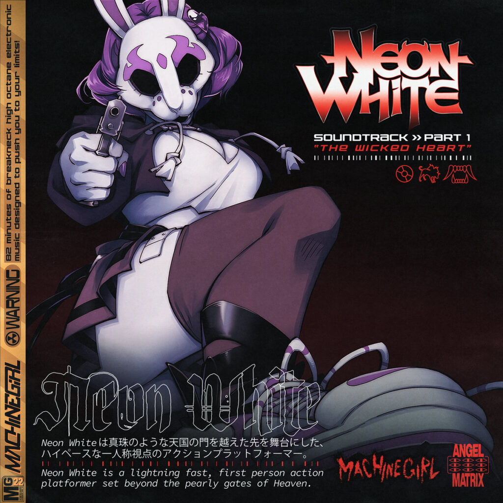 Album cover for "Neon White Soundtrack Part 1" by Machine Girl. It features a girl with purple hair and pale skin in a rabbit mask pointing a gun at the viewer. 