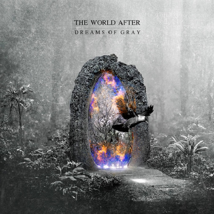 Album art for The World After by Dreams of Gray. A black and white image of a portal in a forest. Inside the portal is colorful fire.