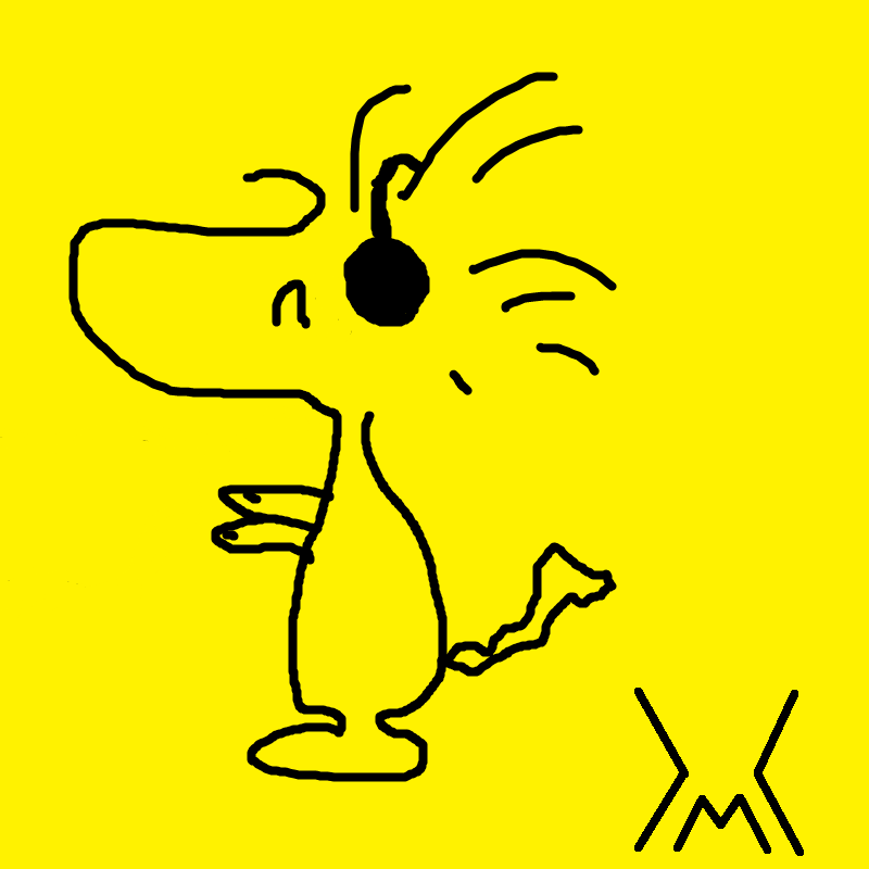 An poorly drawn image of Woodstock from Peanuts wearing headphones drawn in microsoft paint.