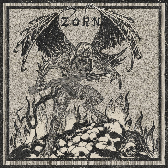 Cover art for Zorn's self titled album. A drawing of a winged creature holding a large semi-automatic weapon.