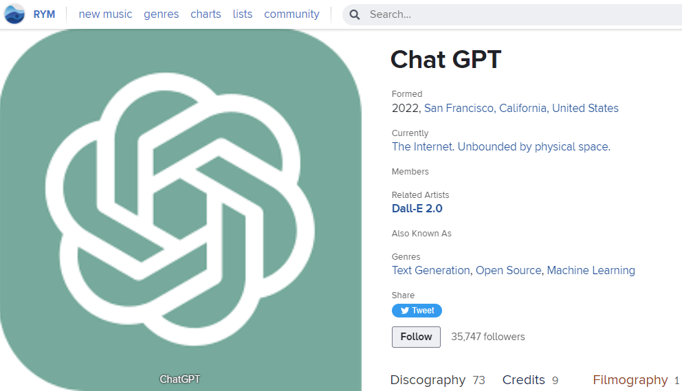 An edit of a "Rate Your Music" page where the chat gpt logo is the artist cover and all of the information about the artist has been replaced by info about chat gpt