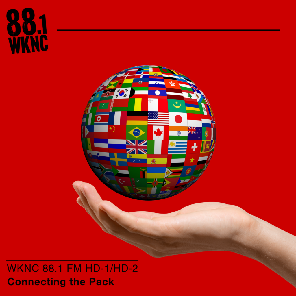 Connecting the Pack logo featuring a white hand holding a globe filled with flags of different countries