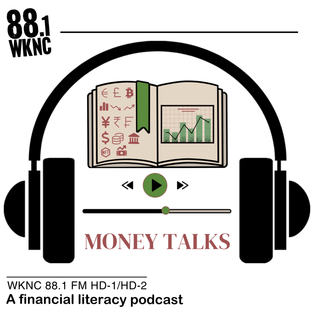 WKNC's Money Talks, a financial literacy podcast. Logo features headphones surrounding a podcast progress bar with play button and a textbook with financial figures.