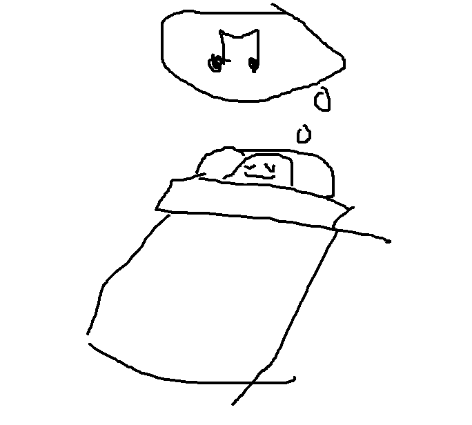 A crude MS Paint drawing of someone in bed and thinking of music.
