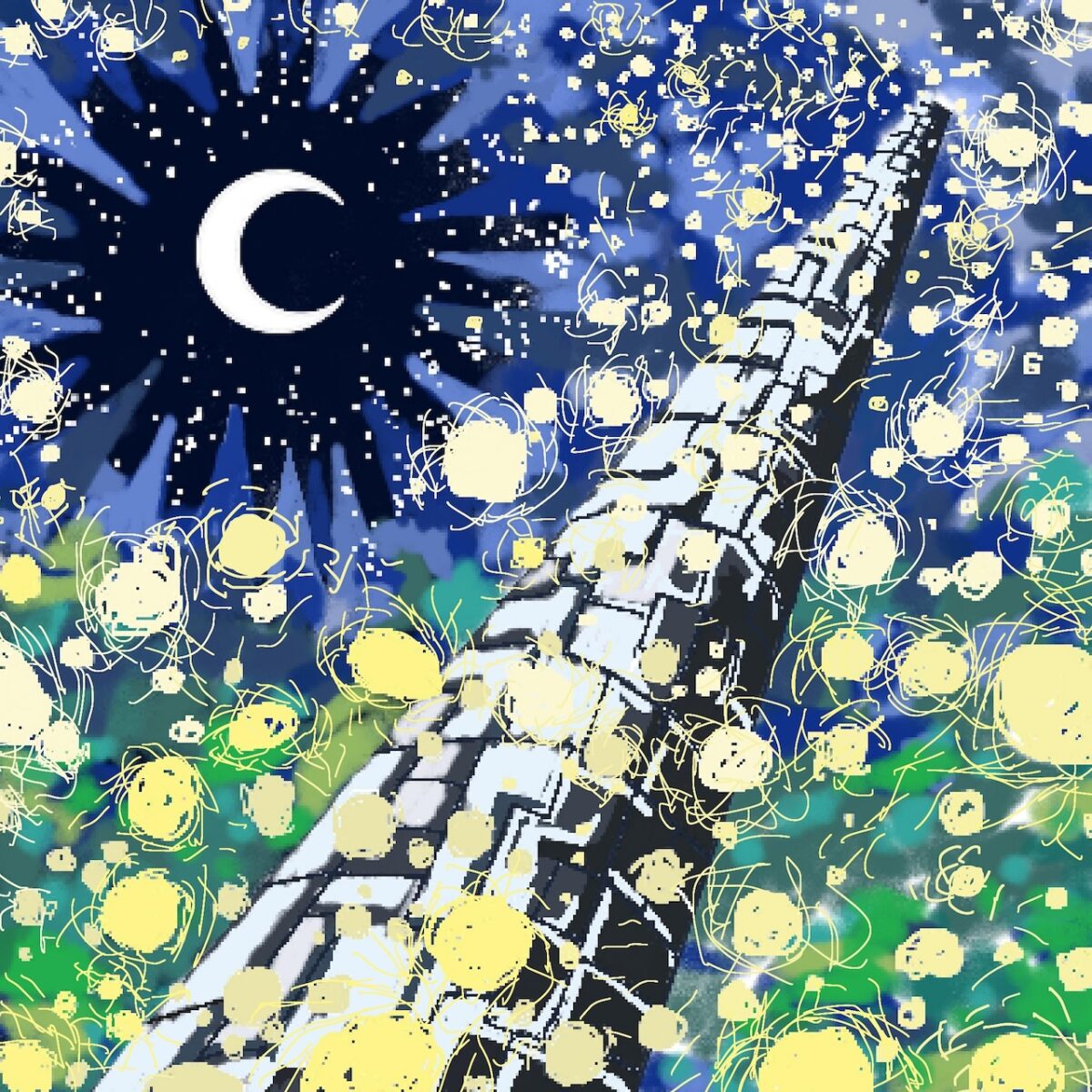 The cover for "Scattersun" by Fax Gang and Parannoul. It features a heavily stylized picture of a tower going into a starry night sky with a crescent moon.