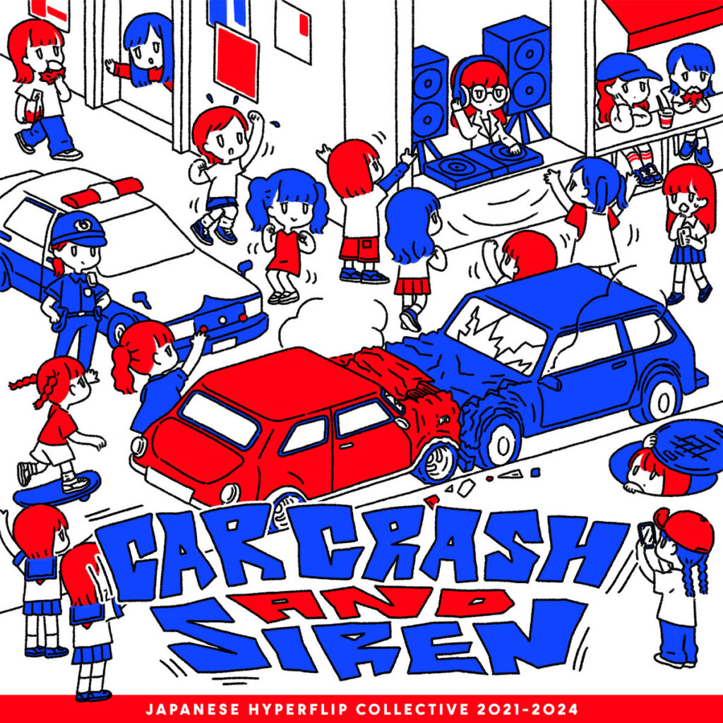 The album cover for Car Crash and Siren, featuring the title below a cartoony, isometric drawing of a city intersection with a car crash and various girls hanging out around it