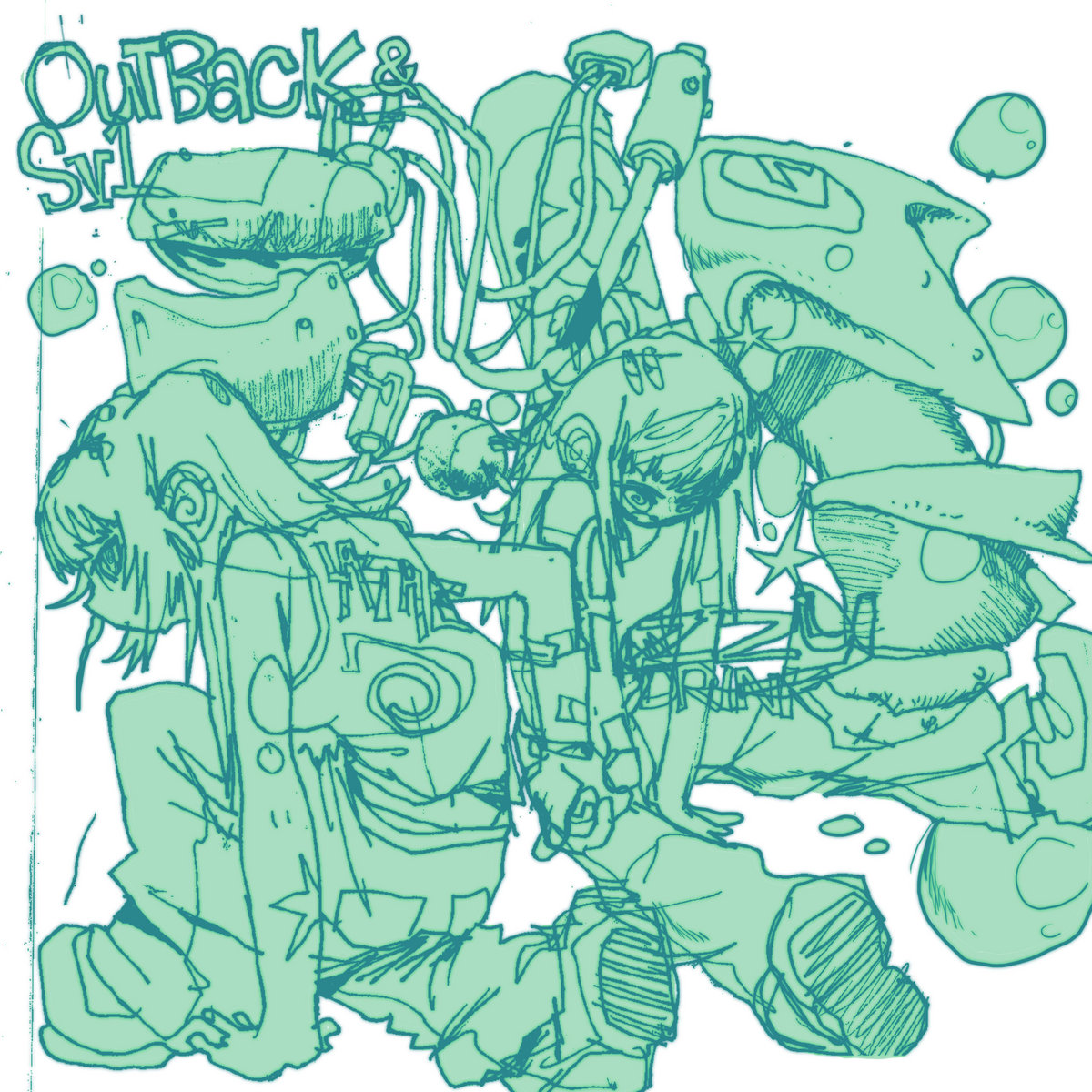 The cover for "Fizzy Drink / Lathe." It consists of overlapping drawings of two girls, unspecified technology, and bubbles. The drawings are all teal on a white background. "Outback & sv1" is in the upper left corner (also in teal), while the track names are overlapping the two girls.