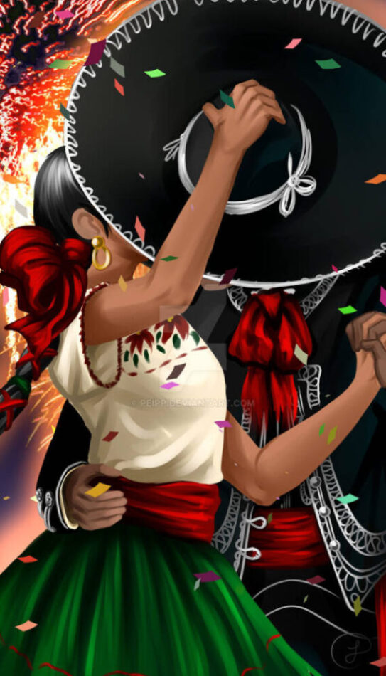 A couple dancing in traditional Mexican attire with confetti and fireworks in the background.