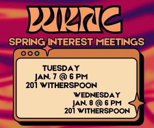 Retro-style recruitment poster for WKNC spring interest meetings on Tuesday, Jan. 7 and Wednesday, Jan. 8 at 6 p.m. in 201 Witherspoon.