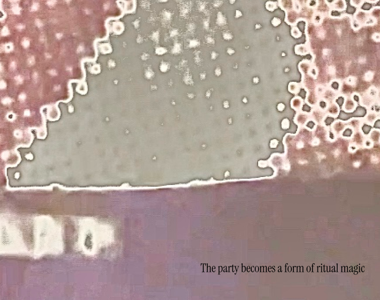 Abstract image with red and gray dotted textures above a dark mauve block. text reads "The party becomes a form of ritual magic."
