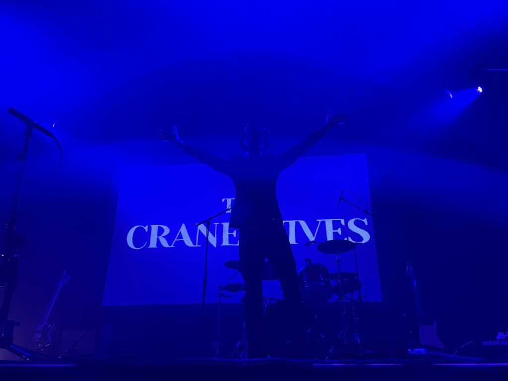 A man in a suit with a hat and antlers turned to face a projector screen that reads "The Crane Wives"