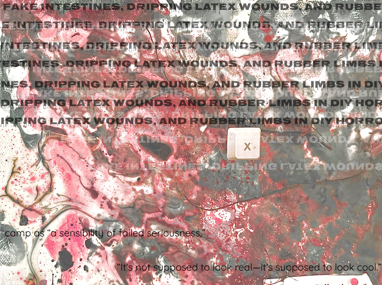 pictures of red and black and 'x' key with quotes about camp horror, its not supposed to look reak