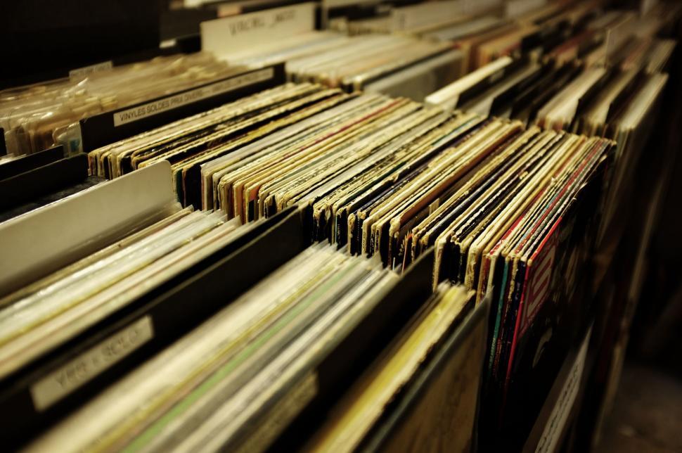 Vinyl records in boxes seemingly in a store