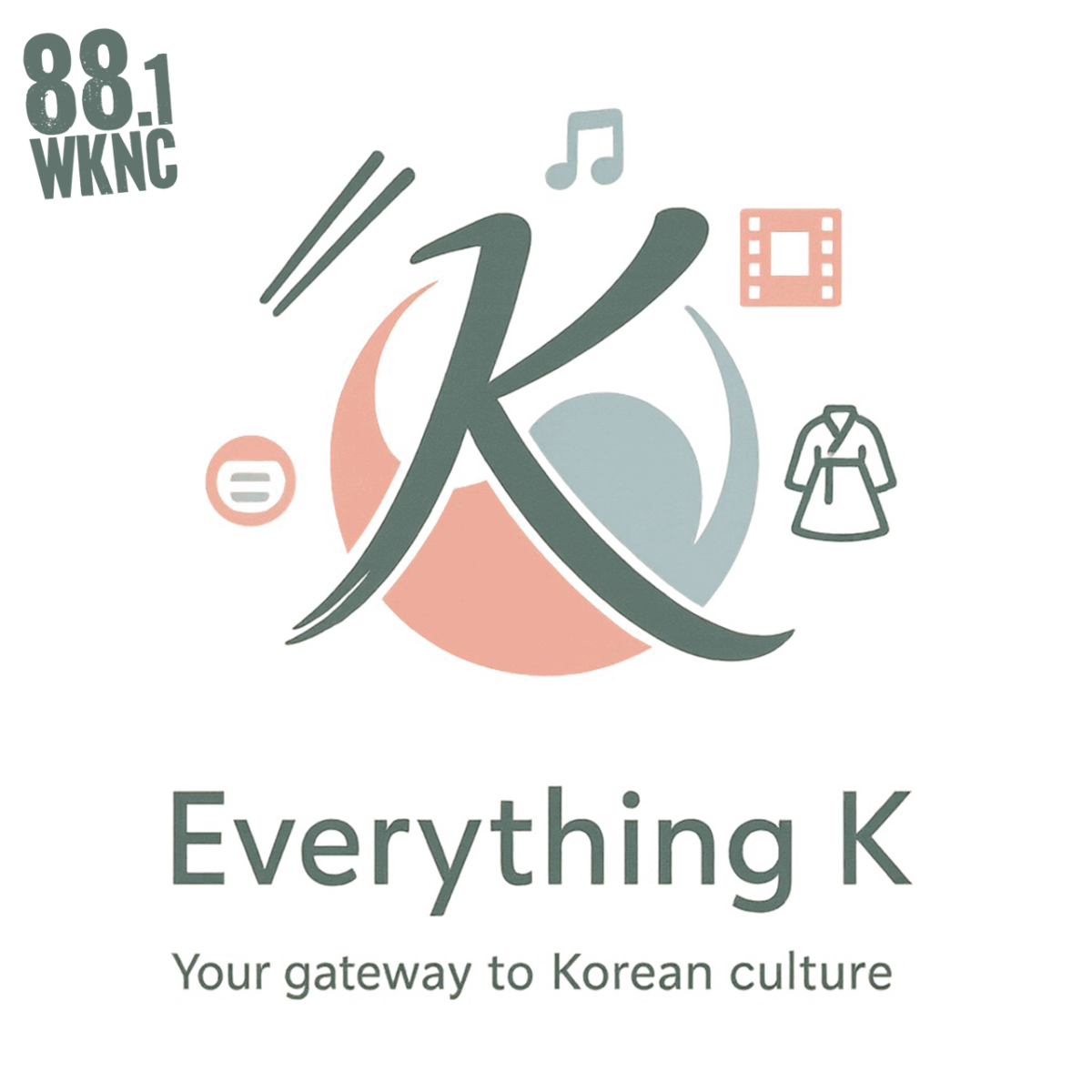 Logo for "Everything K," representing a gateway to Korean culture. The central element is a stylized letter "K," designed with a brushstroke effect, accompanied by cultural icons including a music note, a film strip, a traditional Korean hanbok, and a yin-yang symbol in muted pastel colors.