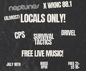 Promotional poster designed to look like a black and white photograph pinned to a dark surface. This month's Locals Only! features music by CPS, Survival Tactics and Drivel.