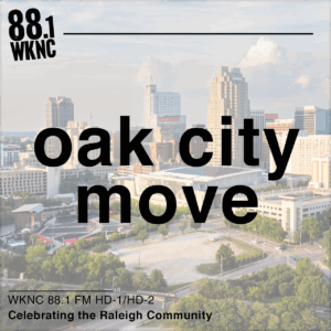 Raleigh cityscape with bold text overlay reading "Oak City Move." Image by Abhiram Juvvadi, CC BY-SA 4.0.
