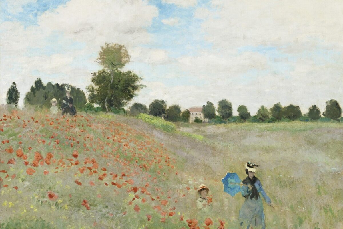 Painting of field of poppy flowers with a woman and a child