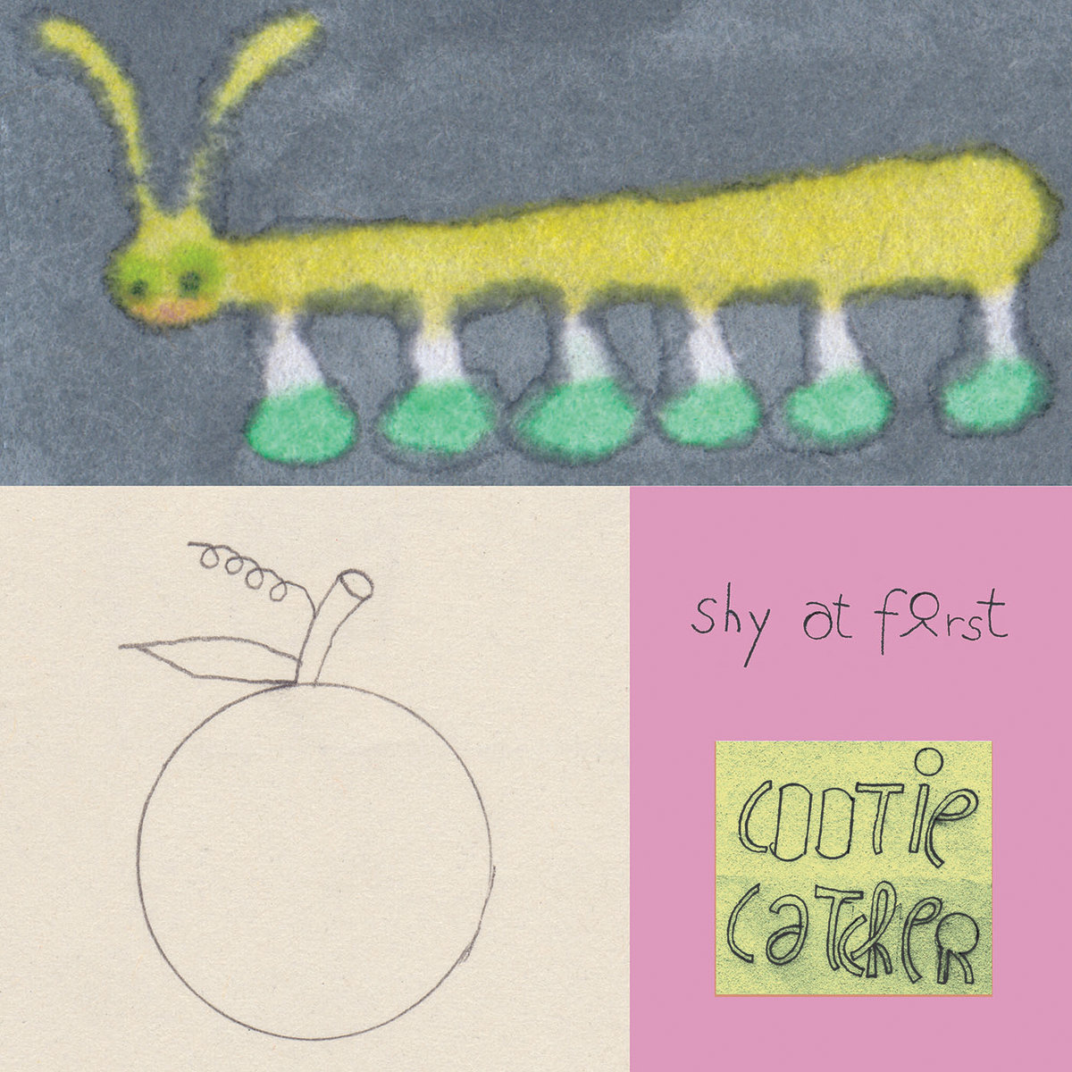 A chalk drawing of a caterpillar is on the top of the image, on the bottom is a sketch of an orange and a post it note reading "Cootie Catcher"