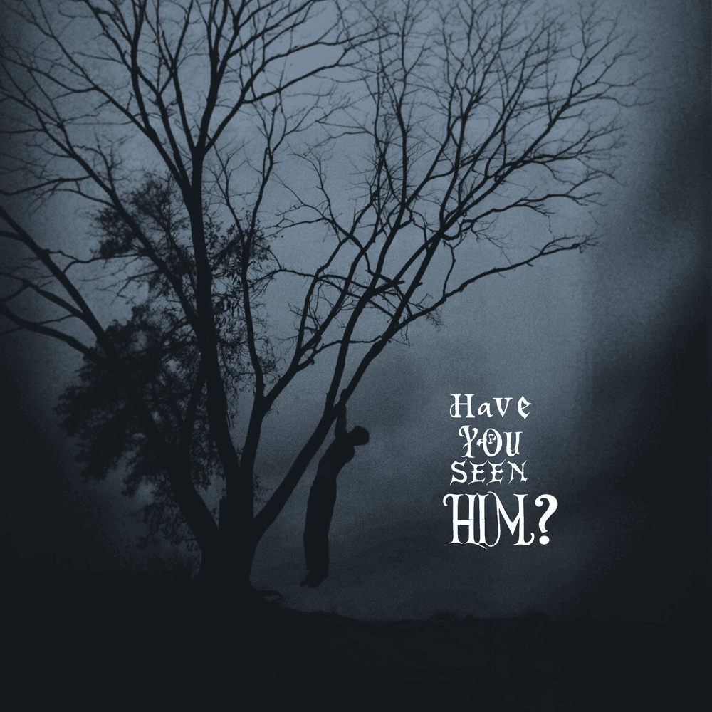 Man climbing the limbs of a tree over a cloudy, grey background.
