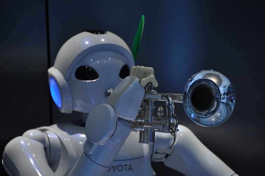 Animated robot playing trumpet