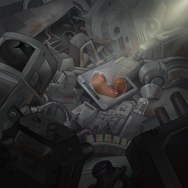 Album cover of a mechanical clutter with a screen showing two red eyes in the center.