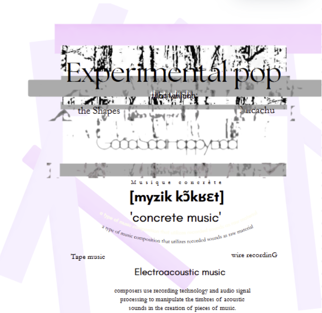 "Experimental pop," "tape music," "wire recording," "electroacoustic music," "composers use recording rechnology and audio signal processing to maanipulate the tibres of acoustic sounds in the creation of pieces of music," written over a white and pink background.