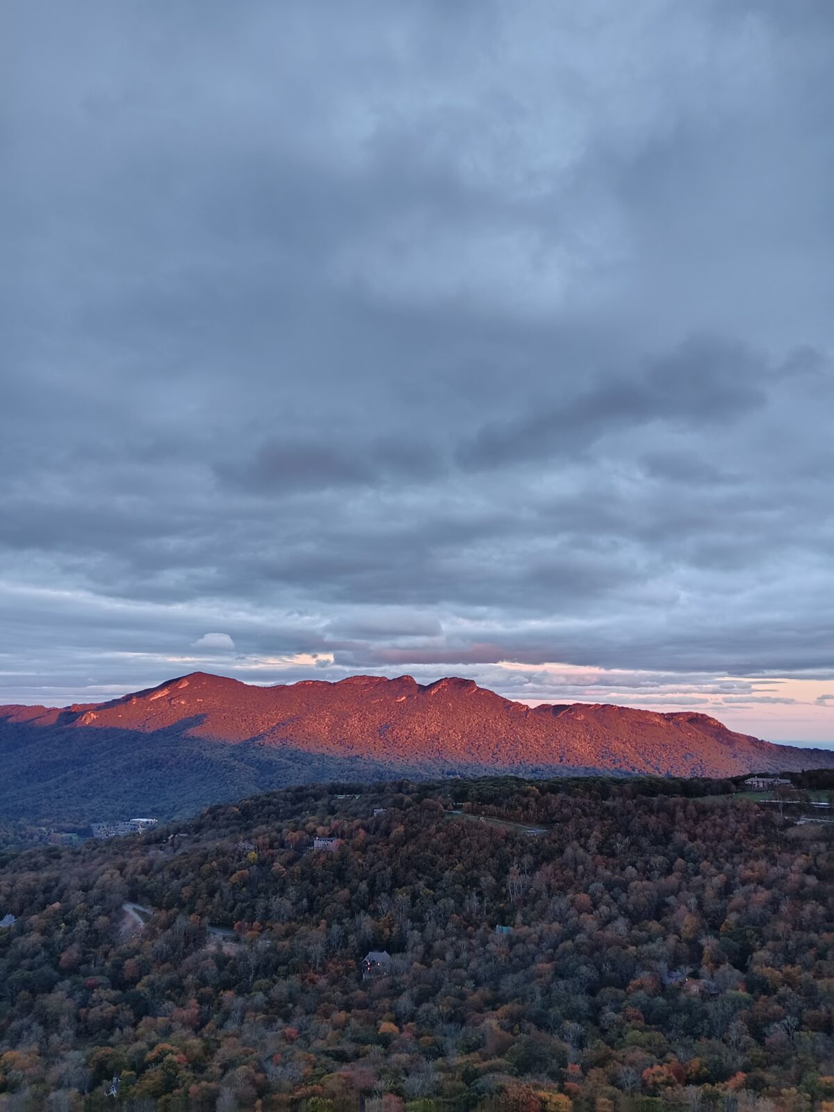 mountain covered in colorful leaves in the sunset