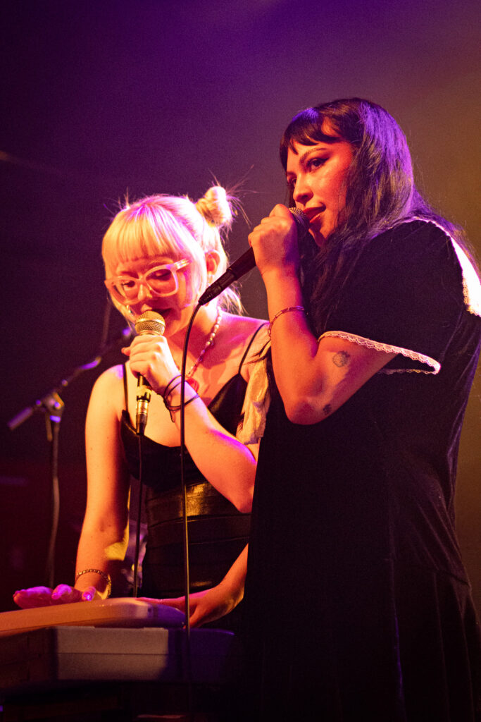 The Two Lips hold microphones and prepare to play the Omnicord together.
