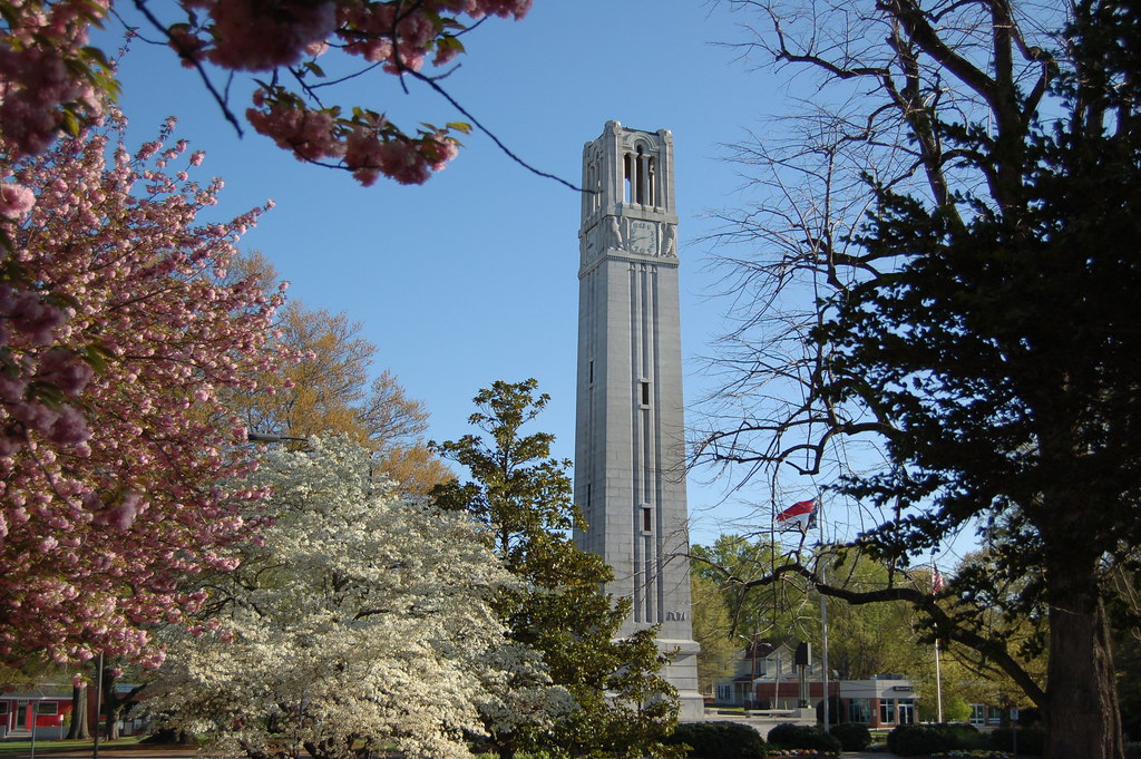 The bell tower with colorful trees in the foreground