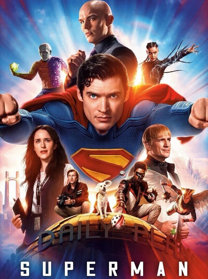 Superman flying over other movie characters