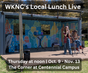 Outdoor stage with colorful mural featuring two musicians performing. WKNC's Local Lunch Live is Thursday at noon from Oct. 9 to Nov. 13 at the Corner on NC State's Centennial Campus.