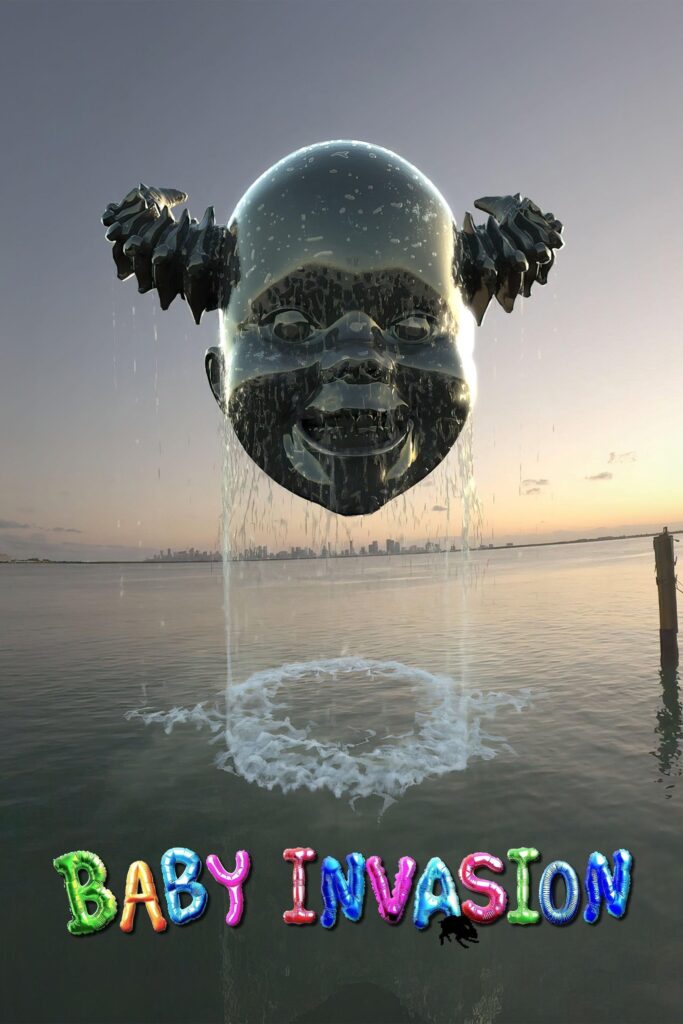 Poster for "Baby Invasion", featuring a floating metallic childlike head above a body of water.