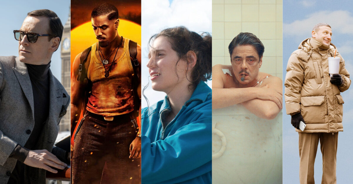 A collage of characters from five movies side-by-side: Michael Fassbender in "Black Bag", Michael B. Jordan in "Sinners", Eva Victor in "Sorry, Baby", Benicio del Toro in "The Phoenician Scheme", and Tim Robinson in "Friendship"