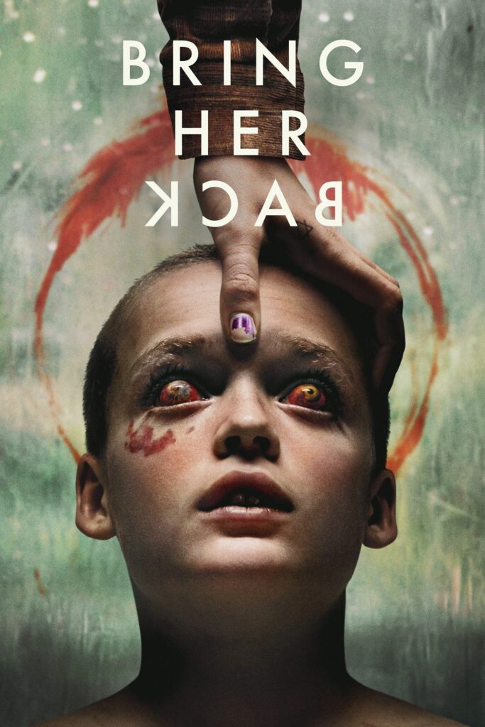 Poster for "Bring Her Back", featuring character Oliver with bloodshot eyes and a hand grabbing his head in front of a red circle.
