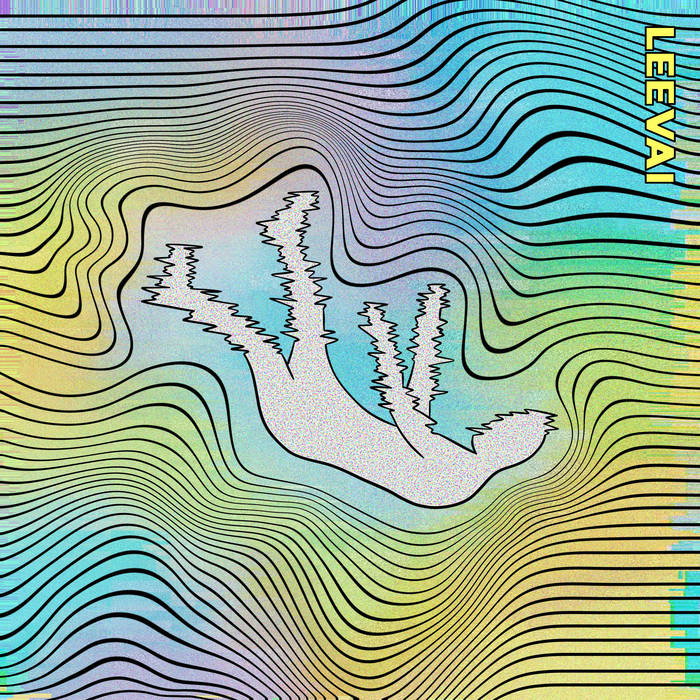 A featureless white figure with a fuzzy outline is falling through a background of squigly lines and pastel rainbow colors.