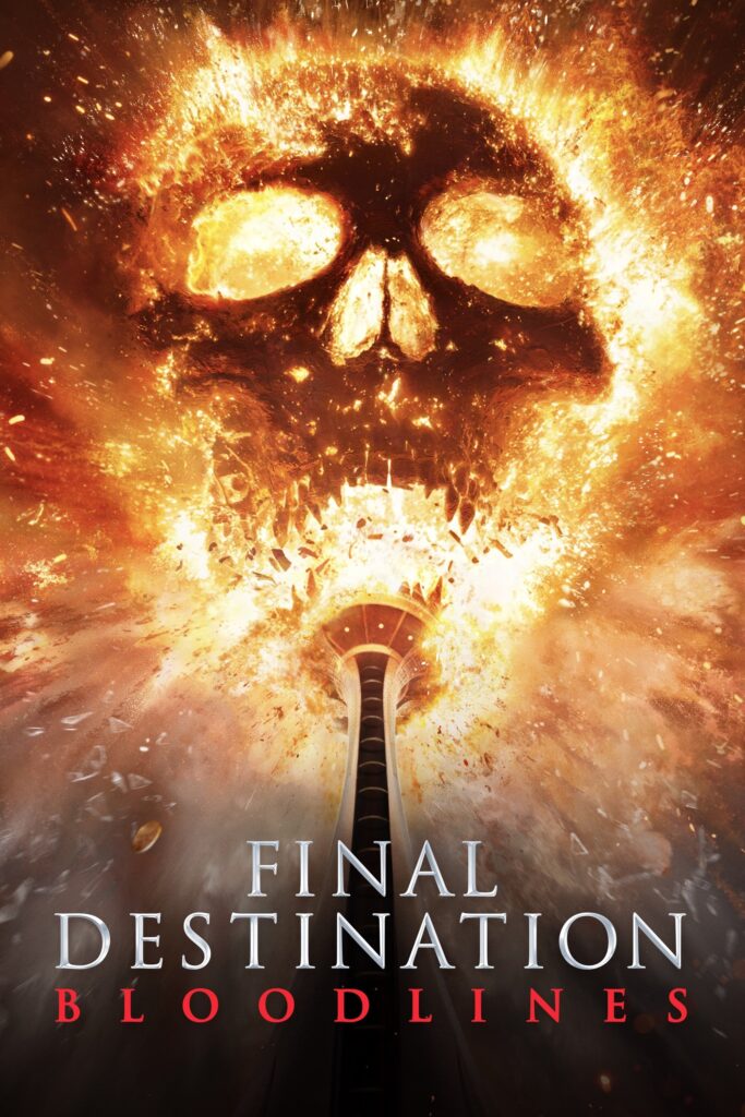 Poster for "Final Destination: Bloodlines", featuring a fiery skull above a tall, needle-shaped tower