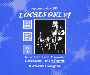 Promotional poster with musicians and event details on a blue background with stars. M. Roomie, Lizzie Lakes and Leon Rosewater will perform at Neptunes on Oct. 9 at 8 p.m.