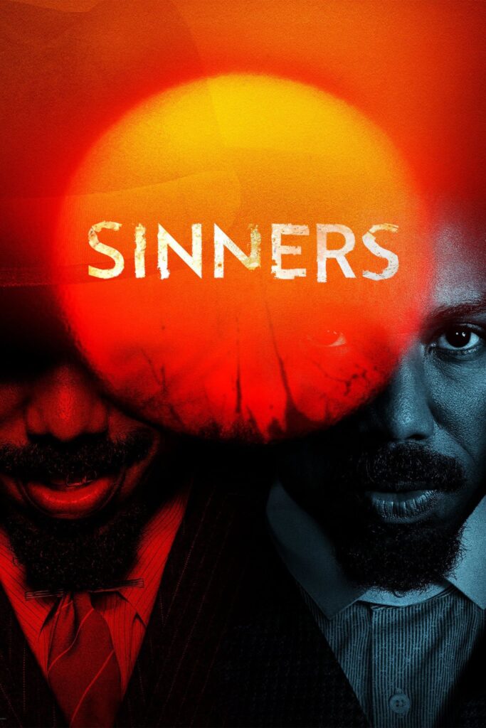 Poster for "Sinners", featuring characters Smoke and Stack side by side in front of a dark orange sun.