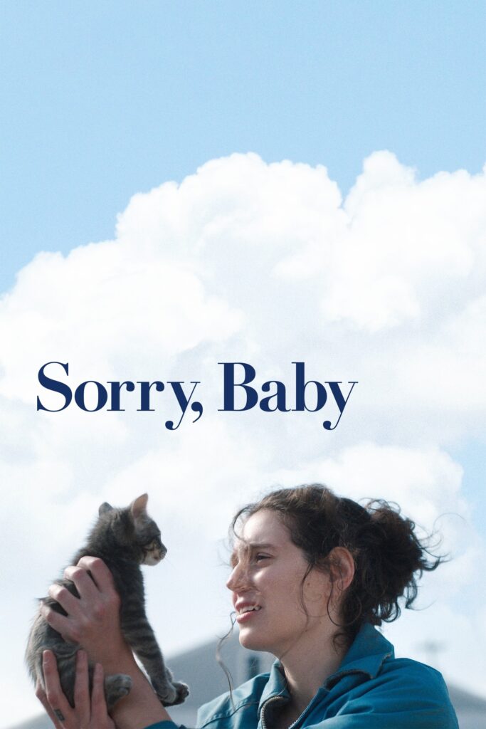 Poster for "Sorry, Baby", featuring character Agnes holding a small cat in the air in front of a cloudy sky