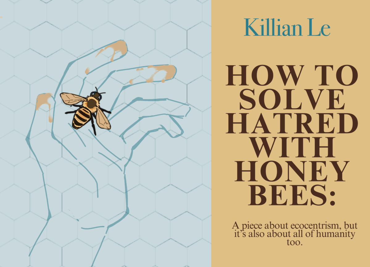 The left side of the image pictures digital art of a bee landed on a hand with a light turquoise background. The right side of the image reads "Killian Le; How to Solve Hatred with Bees; A piece about ecocentrism, but it's also about all of humanity too" with a yellow background. Created by Killian Le.